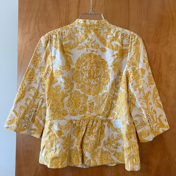 Normandy & Monroe Yellow White Print Linen Blazer Jacket Luxury Gathered Hem 10 - Picture 8 of 12